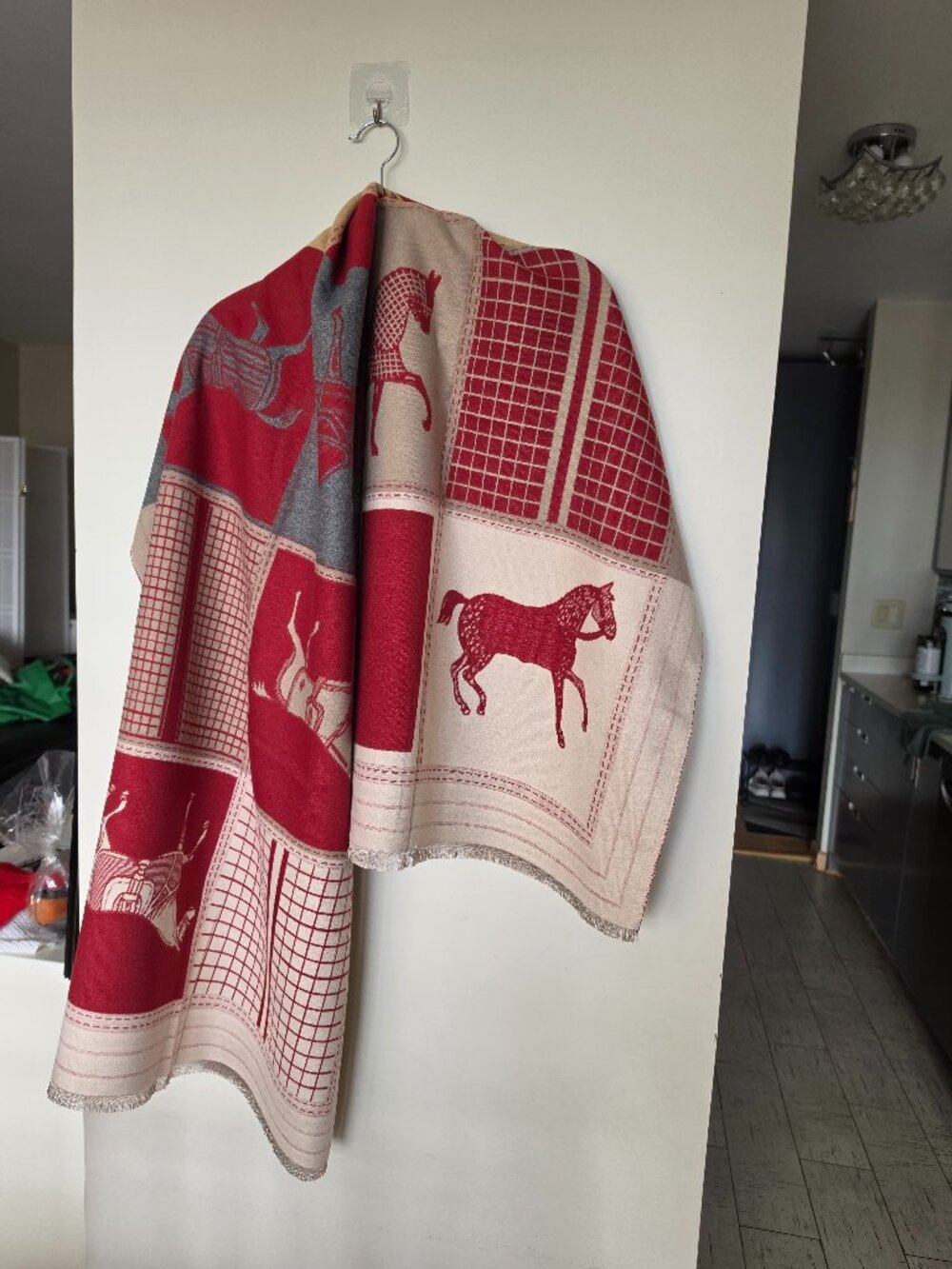 Equestrian Patchwork Reversible Blanket Scarf Horse Print Shawl Wrap Red